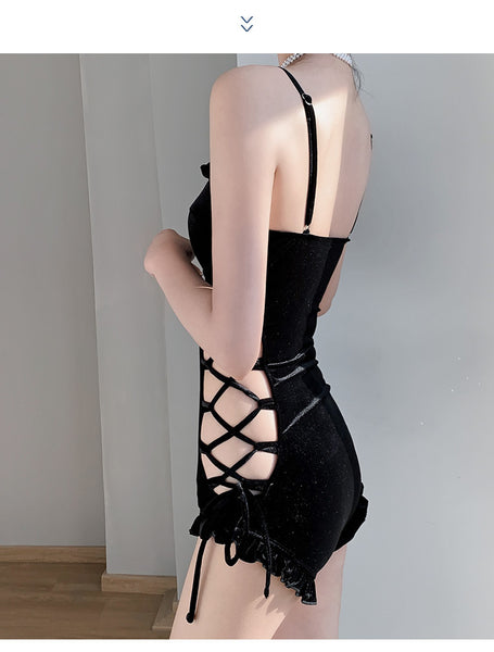 Retro Sexy One Piece Velvet Side Cutout Ruffle String Strap Sling Corset Triangle Beach Swimwear Swimsuit