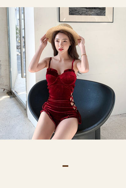 Retro Sexy One Piece Velvet Side Cutout Ruffle String Strap Sling Corset Triangle Beach Swimwear Swimsuit