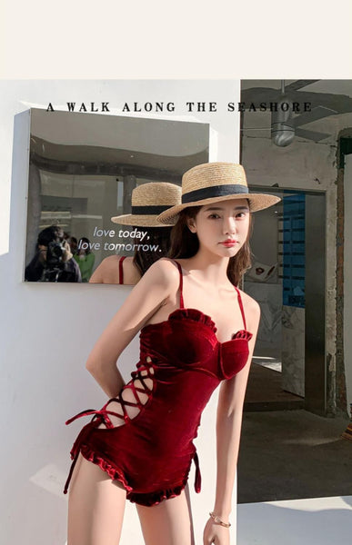 Retro Sexy One Piece Velvet Side Cutout Ruffle String Strap Sling Corset Triangle Beach Swimwear Swimsuit