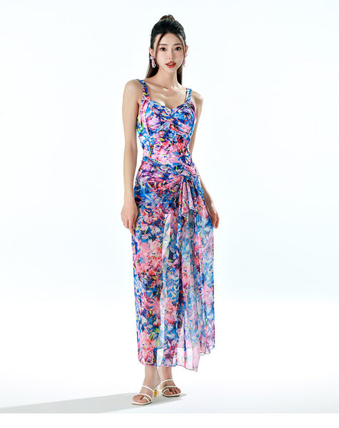 Retro Vintage Fashionable Women Backless Floral One Piece Swimsuit