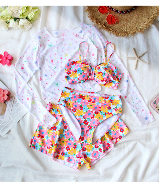 4 in 1 Set Summer Hot Spring Floral Cute Women Sunscreen Long Sleeved Blouse Swimsuit Bikini