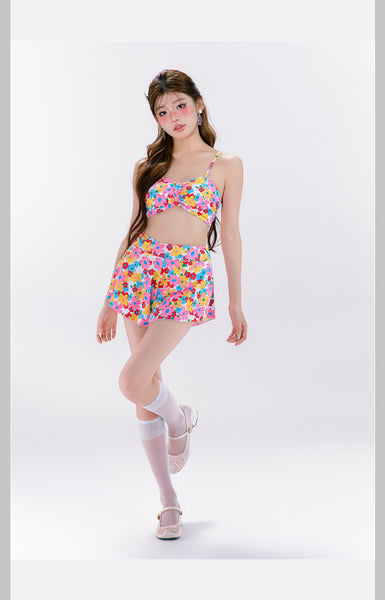 4 in 1 Set Summer Hot Spring Floral Cute Women Sunscreen Long Sleeved Blouse Swimsuit Bikini