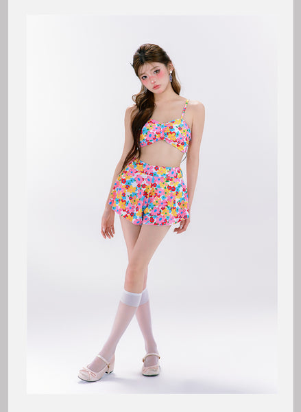 4 in 1 Set Summer Hot Spring Floral Cute Women Sunscreen Long Sleeved Blouse Swimsuit Bikini