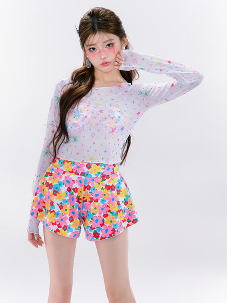 4 in 1 Set Summer Hot Spring Floral Cute Women Sunscreen Long Sleeved Blouse Swimsuit Bikini