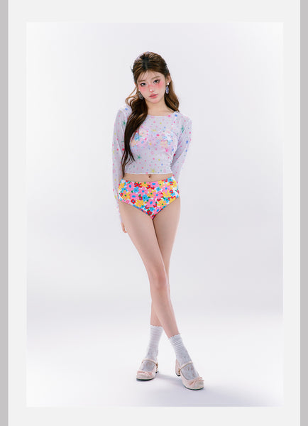 4 in 1 Set Summer Hot Spring Floral Cute Women Sunscreen Long Sleeved Blouse Swimsuit Bikini