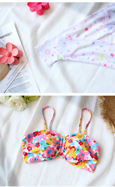 4 in 1 Set Summer Hot Spring Floral Cute Women Sunscreen Long Sleeved Blouse Swimsuit Bikini