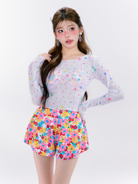 4 in 1 Set Summer Hot Spring Floral Cute Women Sunscreen Long Sleeved Blouse Swimsuit Bikini