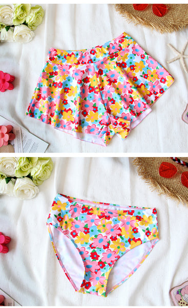 4 in 1 Set Summer Hot Spring Floral Cute Women Sunscreen Long Sleeved Blouse Swimsuit Bikini