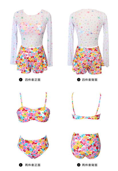 4 in 1 Set Summer Hot Spring Floral Cute Women Sunscreen Long Sleeved Blouse Swimsuit Bikini
