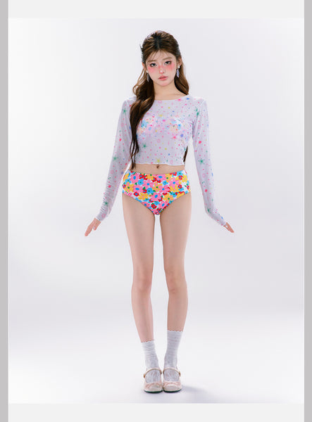 4 in 1 Set Summer Hot Spring Floral Cute Women Sunscreen Long Sleeved Blouse Swimsuit Bikini