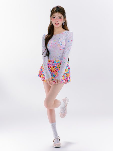 4 in 1 Set Summer Hot Spring Floral Cute Women Sunscreen Long Sleeved Blouse Swimsuit Bikini