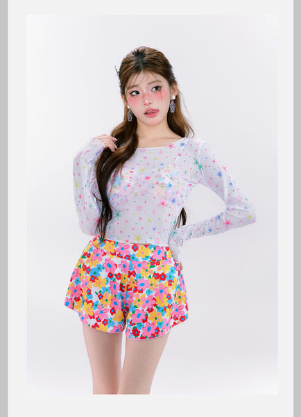 4 in 1 Set Summer Hot Spring Floral Cute Women Sunscreen Long Sleeved Blouse Swimsuit Bikini