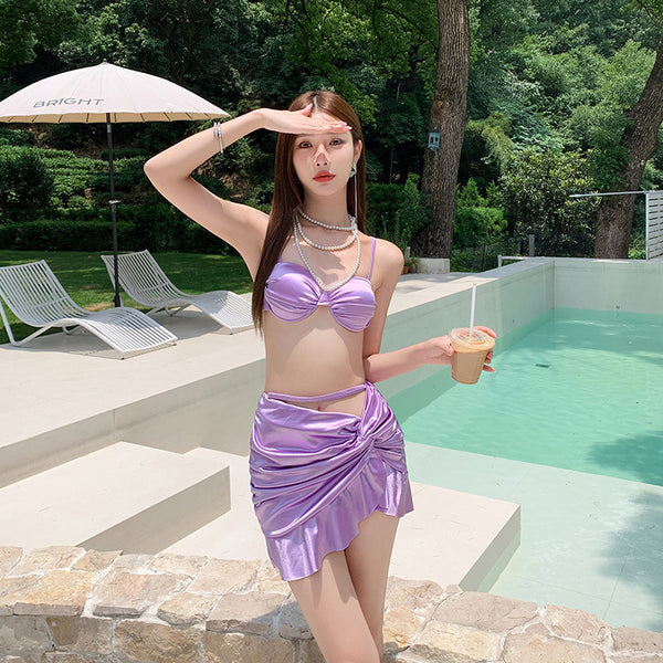 Sexy Stylish Shiny Lavender Two Piece Plain Ruched Satin Bikini Swimsuit Ruffle Asymmetrical Swim Skirt