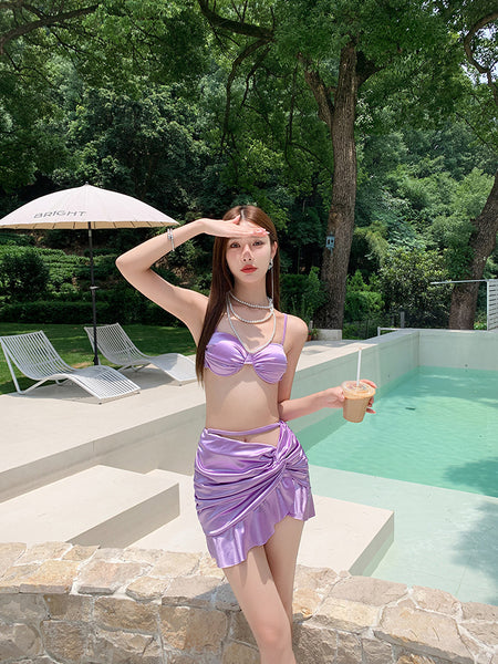 Sexy Stylish Shiny Lavender Two Piece Plain Ruched Satin Bikini Swimsuit Ruffle Asymmetrical Swim Skirt