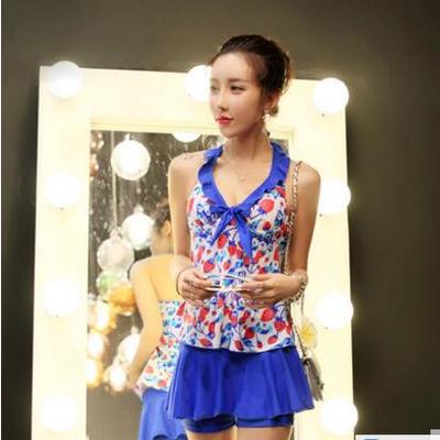 Women Vintage Retro 50s' Blue Strawberry Print Halter Neck Swim Dress Swimsuit