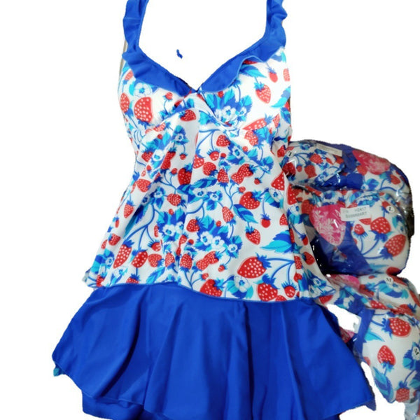 Women Vintage Retro 50s' Blue Strawberry Print Halter Neck Swim Dress Swimsuit