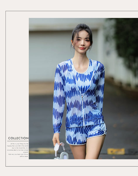 Women Sporty Style Cover Sun Hoodie Long Sleeve Rash Guard 4 Piece Set Tank Top Swimsuit