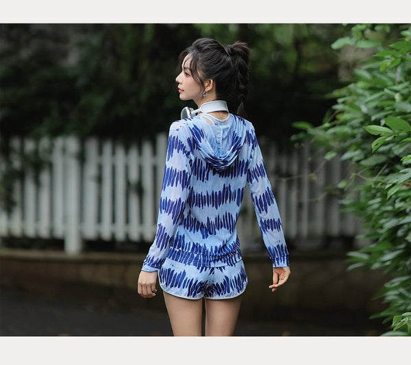 Women Sporty Style Cover Sun Hoodie Long Sleeve Rash Guard 4 Piece Set Tank Top Swimsuit