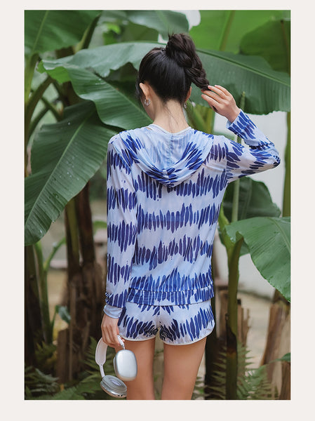 Women Sporty Style Cover Sun Hoodie Long Sleeve Rash Guard 4 Piece Set Tank Top Swimsuit