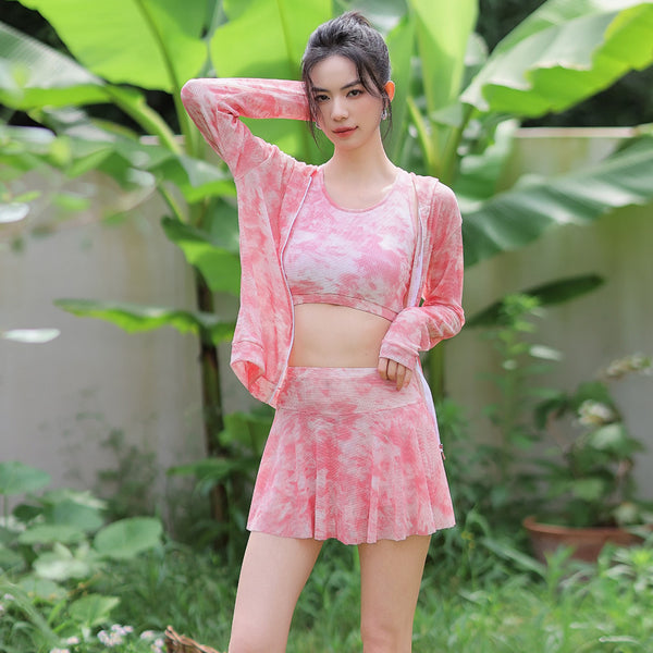 Women Sporty Style Cover Sun Hoodie Long Sleeve Rash Guard 4 Piece Set Tank Top Swimsuit