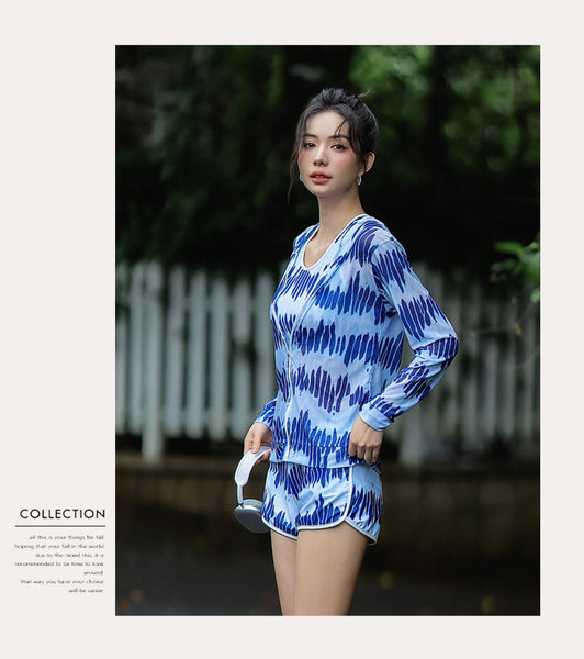 Women Sporty Style Cover Sun Hoodie Long Sleeve Rash Guard 4 Piece Set Tank Top Swimsuit