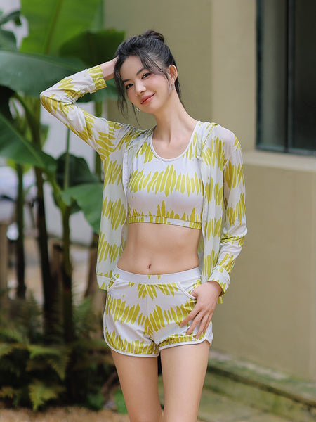 Women Sporty Style Cover Sun Hoodie Long Sleeve Rash Guard 4 Piece Set Tank Top Swimsuit