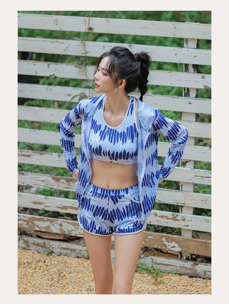 Women Sporty Style Cover Sun Hoodie Long Sleeve Rash Guard 4 Piece Set Tank Top Swimsuit
