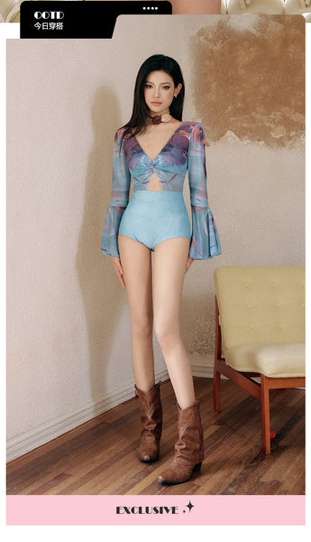 Trendy Women Crop Top Tie Front Deep V Back Ruffle Bell Long Sleeves Dye Printed 3 in 1 Piece Set Tank Swimsuit