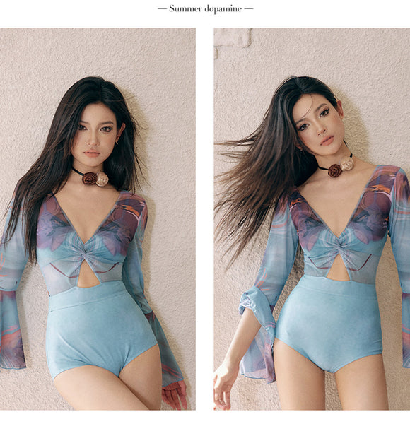 Trendy Women Crop Top Tie Front Deep V Back Ruffle Bell Long Sleeves Dye Printed 3 in 1 Piece Set Tank Swimsuit