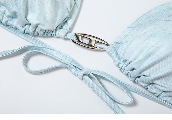 Sexy Beach Halter Neck Blue Denim Jean Style Cowboy Printed Retro Side Tie Up Bikini