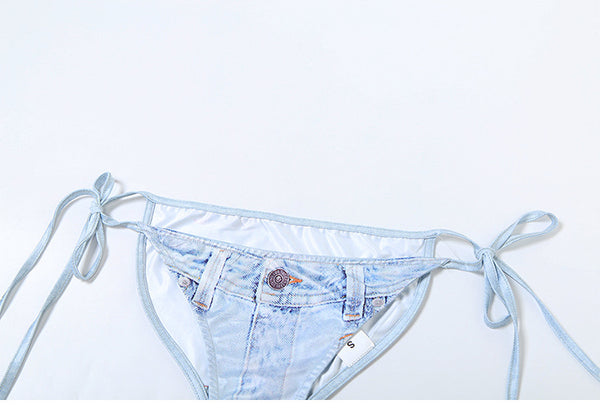 Sexy Beach Halter Neck Blue Denim Jean Style Cowboy Printed Retro Side Tie Up Bikini