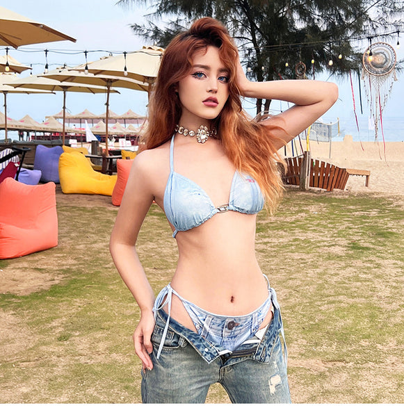 Sexy Beach Halter Neck Blue Denim Jean Style Cowboy Printed Retro Side Tie Up Bikini