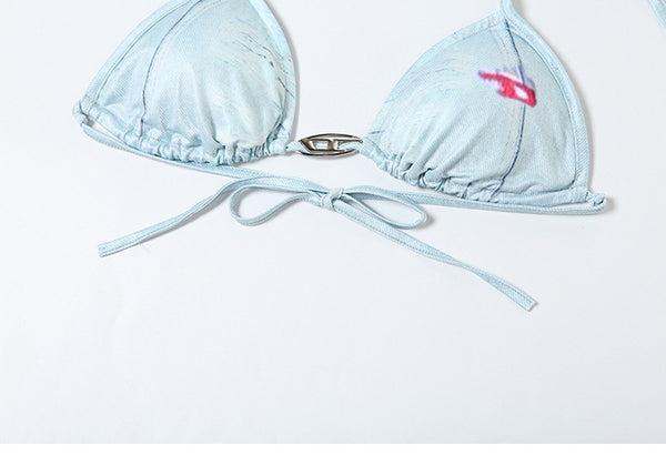 Sexy Beach Halter Neck Blue Denim Jean Style Cowboy Printed Retro Side Tie Up Bikini