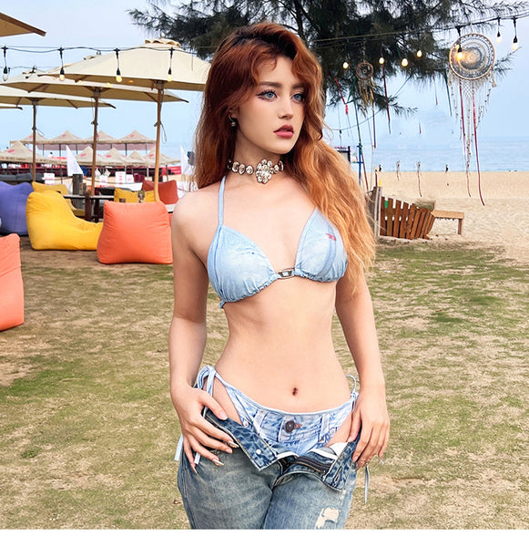 Sexy Beach Halter Neck Blue Denim Jean Style Cowboy Printed Retro Side Tie Up Bikini