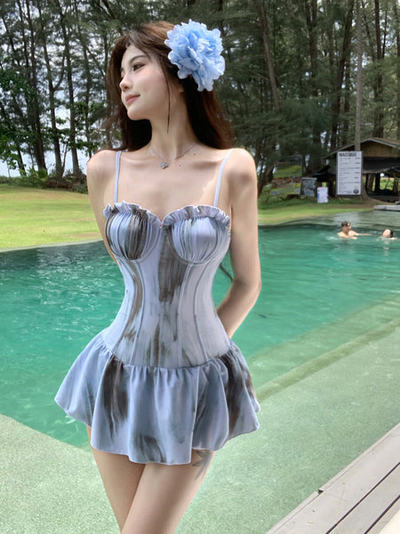 Beautiful Women Cute Retro Dye Print Lace Vest Ruffle Skirt Sling Strap One Piece Monokini Beach Swimsuit