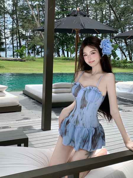 Beautiful Women Cute Retro Dye Print Lace Vest Ruffle Skirt Sling Strap One Piece Monokini Beach Swimsuit