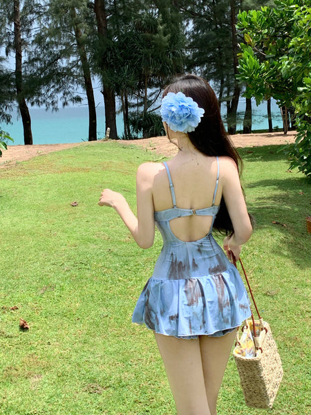 Beautiful Women Cute Retro Dye Print Lace Vest Ruffle Skirt Sling Strap One Piece Monokini Beach Swimsuit
