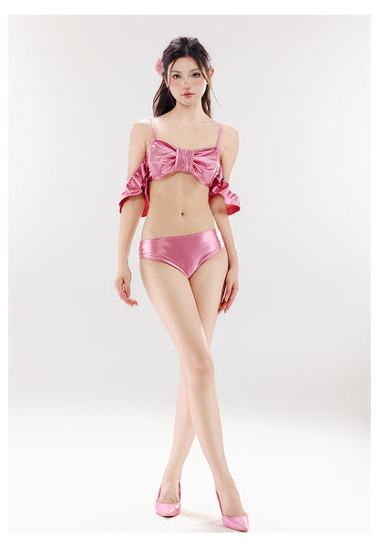 Sexy Cute Women Shiny Silky Bow Bralette TopBackless Bikini Sarong Cover Up Skirt Sling Strap Swimming 3 in 1 piece Swimsuit