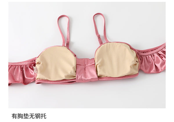 Sexy Cute Women Shiny Silky Bow Bralette TopBackless Bikini Sarong Cover Up Skirt Sling Strap Swimming 3 in 1 piece Swimsuit