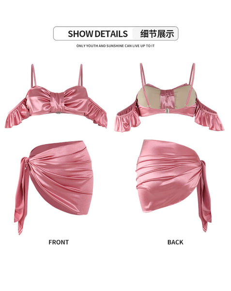 Sexy Cute Women Shiny Silky Bow Bralette TopBackless Bikini Sarong Cover Up Skirt Sling Strap Swimming 3 in 1 piece Swimsuit