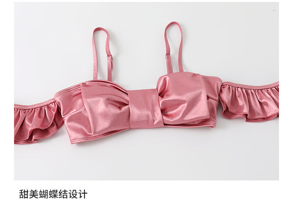 Sexy Cute Women Shiny Silky Bow Bralette TopBackless Bikini Sarong Cover Up Skirt Sling Strap Swimming 3 in 1 piece Swimsuit