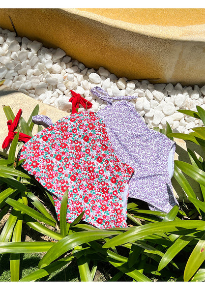 Cute Sweety Women Backless One Piece Floral Printed Color Patchwork Hollow Out Sling Monokini Swimsuit