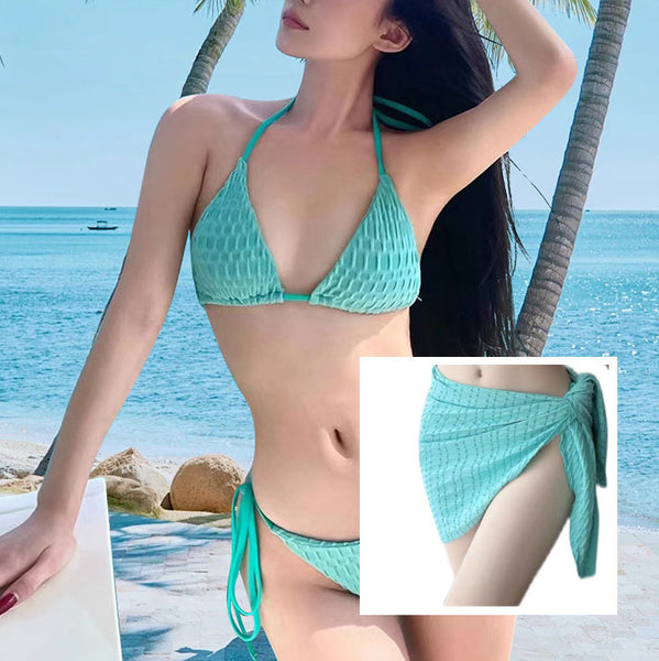 3 in 1 pieces Sexy Yoga Beach Seaside Sport Square Printed Green Color Tie Up Halter Neck Triangle Bikini
