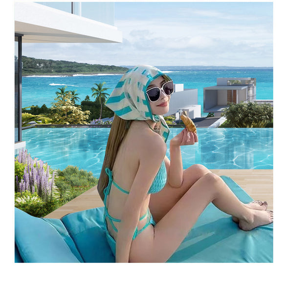 3 in 1 pieces Sexy Yoga Beach Seaside Sport Square Printed Green Color Tie Up Halter Neck Triangle Bikini