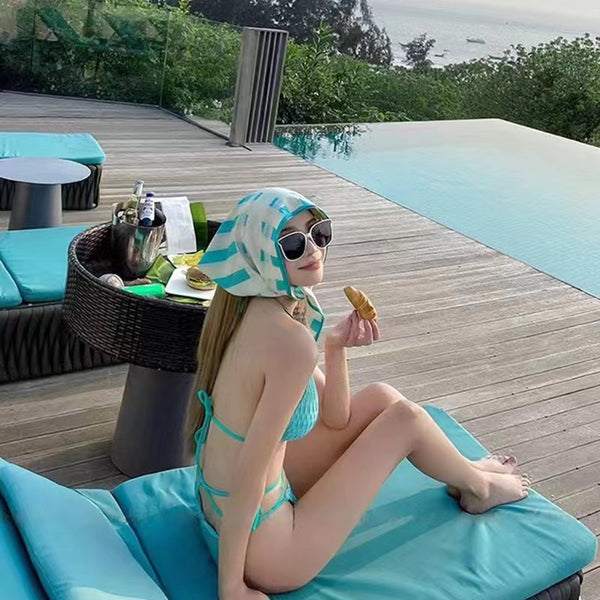 3 in 1 pieces Sexy Yoga Beach Seaside Sport Square Printed Green Color Tie Up Halter Neck Triangle Bikini