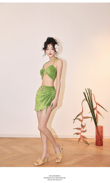 3 in 1 piece Summer Sexy Women Green Plain Velvet French Style Halter Neck Shoulder Straps Metallic Pendant Swimsuit Bikini