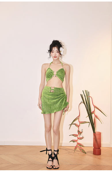 3 in 1 piece Summer Sexy Women Green Plain Velvet French Style Halter Neck Shoulder Straps Metallic Pendant Swimsuit Bikini