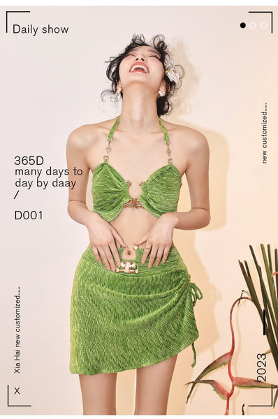 3 in 1 piece Summer Sexy Women Green Plain Velvet French Style Halter Neck Shoulder Straps Metallic Pendant Swimsuit Bikini