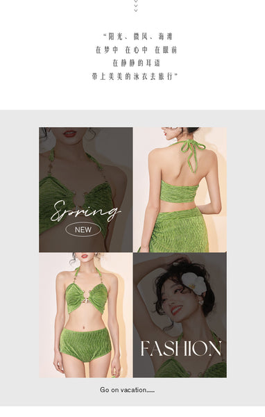 3 in 1 piece Summer Sexy Women Green Plain Velvet French Style Halter Neck Shoulder Straps Metallic Pendant Swimsuit Bikini
