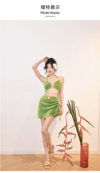 3 in 1 piece Summer Sexy Women Green Plain Velvet French Style Halter Neck Shoulder Straps Metallic Pendant Swimsuit Bikini